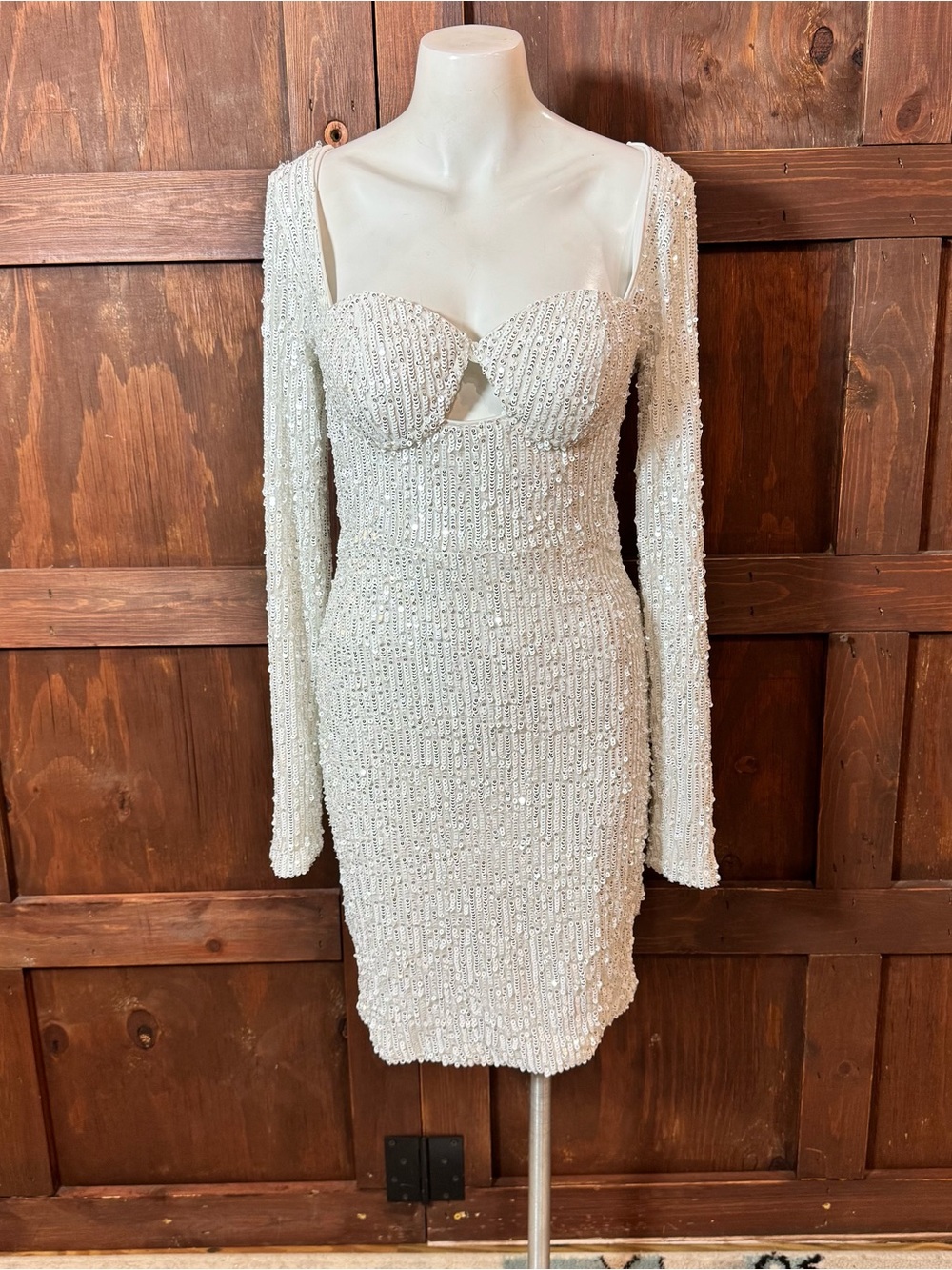 White Beaded Long-Sleeve Cocktail Dress with Cutout Bust